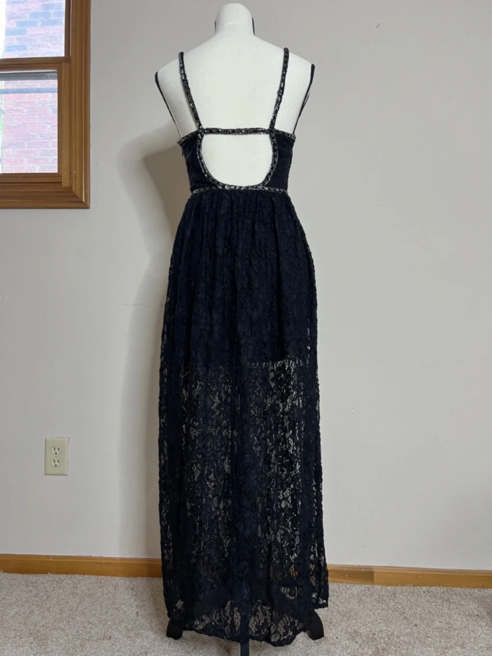 🐼🎬🎓Abercrombie Elegant Black Lace Maxi Dress with Spaghetti Straps